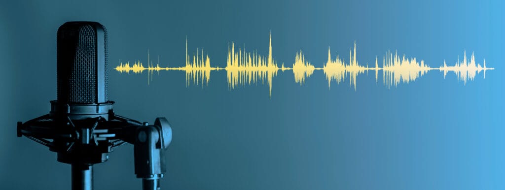 Microphone with yellow waveform on blue background, broadcasting PODCAST